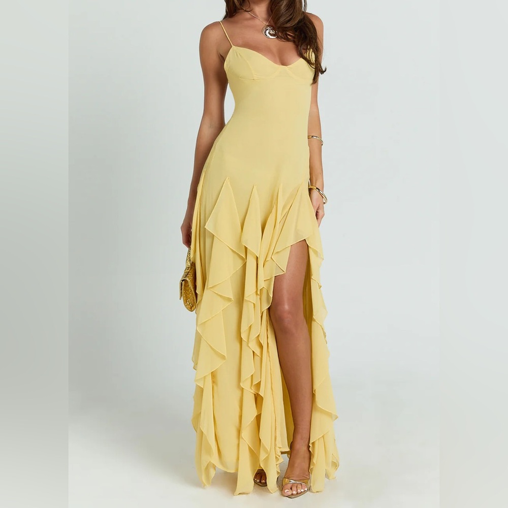 NWT Showpo V Neck Ruffle Tier Slip Dress in Lemon yellow